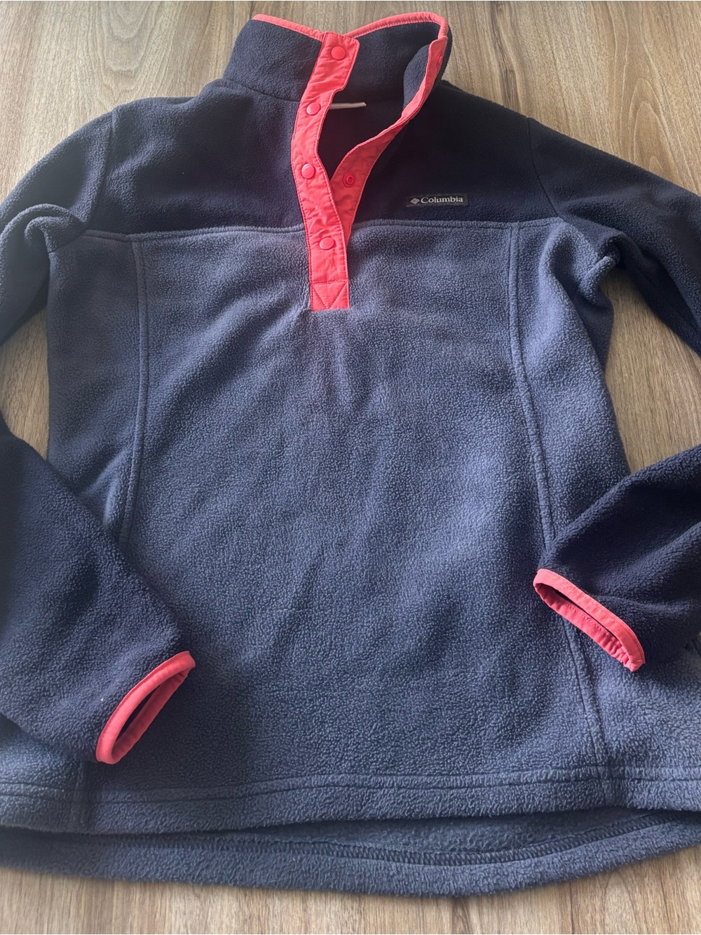 Columbia Navy Fleece Pullover with Pink Snap Trim